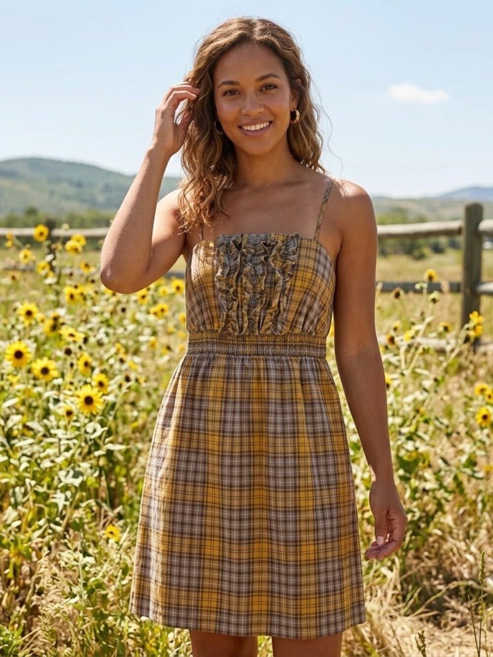 Anthropologie | Maeve Mustard Plaid Pocketed Ruffle Front Sundress
